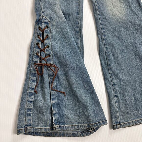 Y2K Hot Kiss Lace-Up Flare Jeans Low Rise Embroidered 3/ XS Boho Festival Bratz - Picture 11 of 16